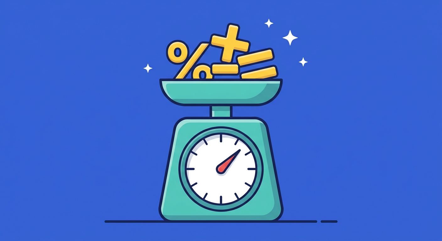 Illustration d'une balance dont le plateau porte un signe pourcentage et des symboles de calcul (image générée)